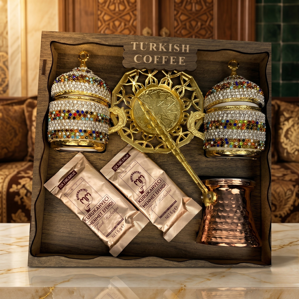 Osmanlı Desenli Lüks Türk Kahvesi Sunum Seti – Cezveli & Taş İşlemeli Özel Hediye Seti ☕✨