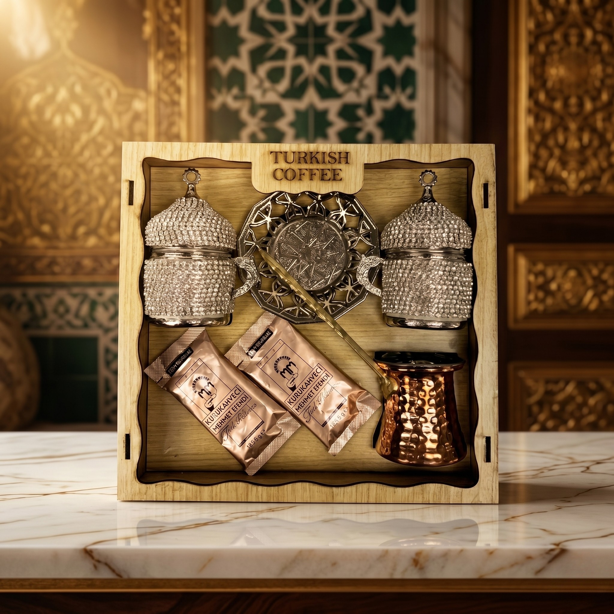 Osmanlı Desenli Lüks Türk Kahvesi Sunum Seti – Cezveli & Taş İşlemeli Özel Hediye Seti ☕✨