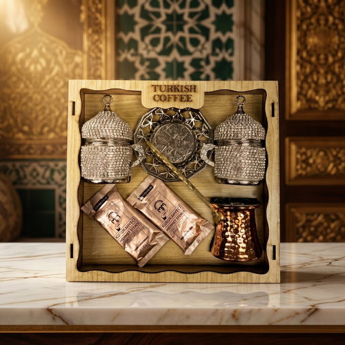 Osmanlı Desenli Lüks Türk Kahvesi Sunum Seti – Cezveli & Taş İşlemeli Özel Hediye Seti ☕✨