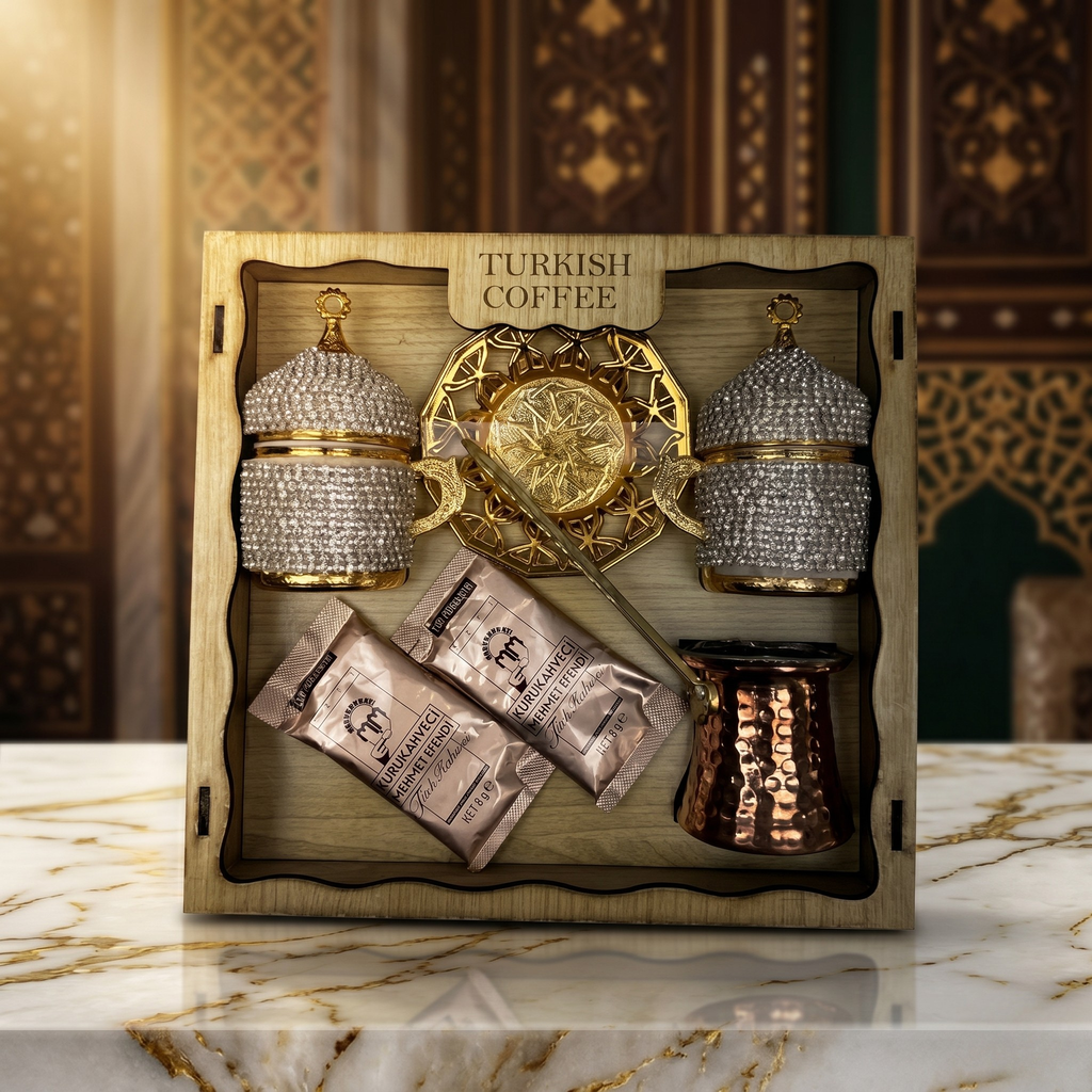 Osmanlı Desenli Lüks Türk Kahvesi Sunum Seti – Cezveli & Taş İşlemeli Özel Hediye Seti ☕✨
