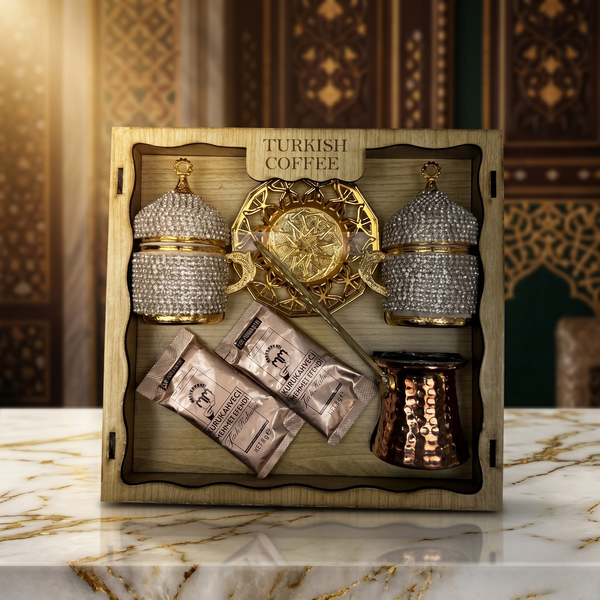 Osmanlı Desenli Lüks Türk Kahvesi Sunum Seti – Cezveli & Taş İşlemeli Özel Hediye Seti ☕✨