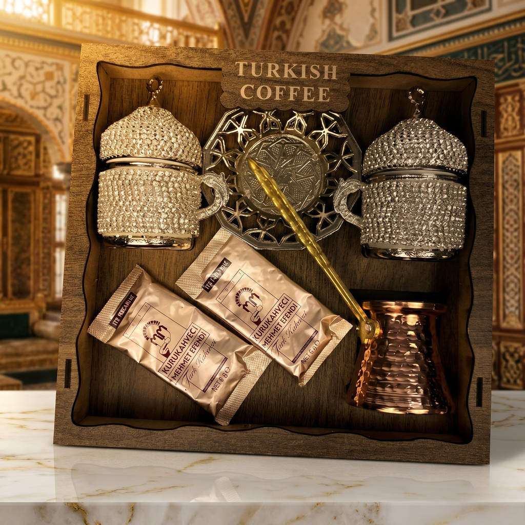 Osmanlı Desenli Lüks Türk Kahvesi Sunum Seti – Cezveli & Taş İşlemeli Özel Hediye Seti ☕✨
