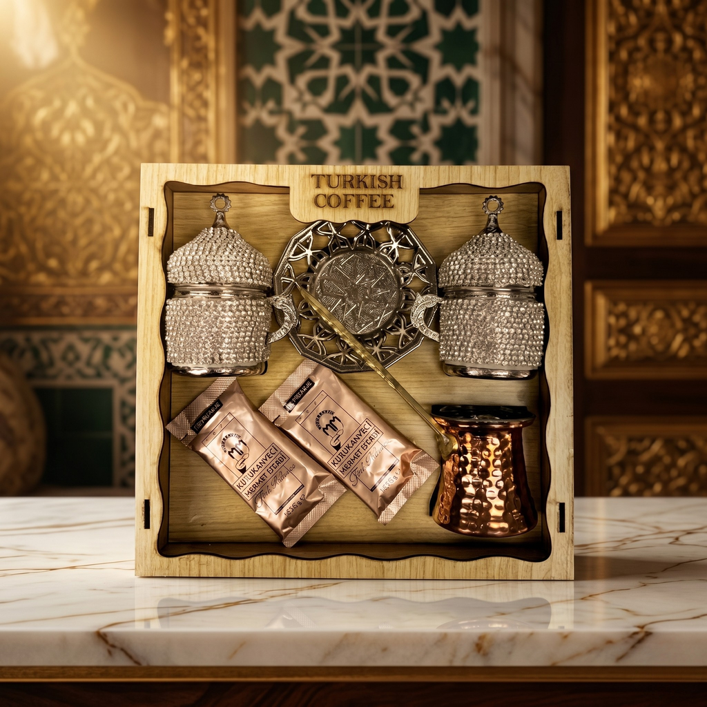 Osmanlı Desenli Lüks Türk Kahvesi Sunum Seti – Cezveli & Taş İşlemeli Özel Hediye Seti ☕✨