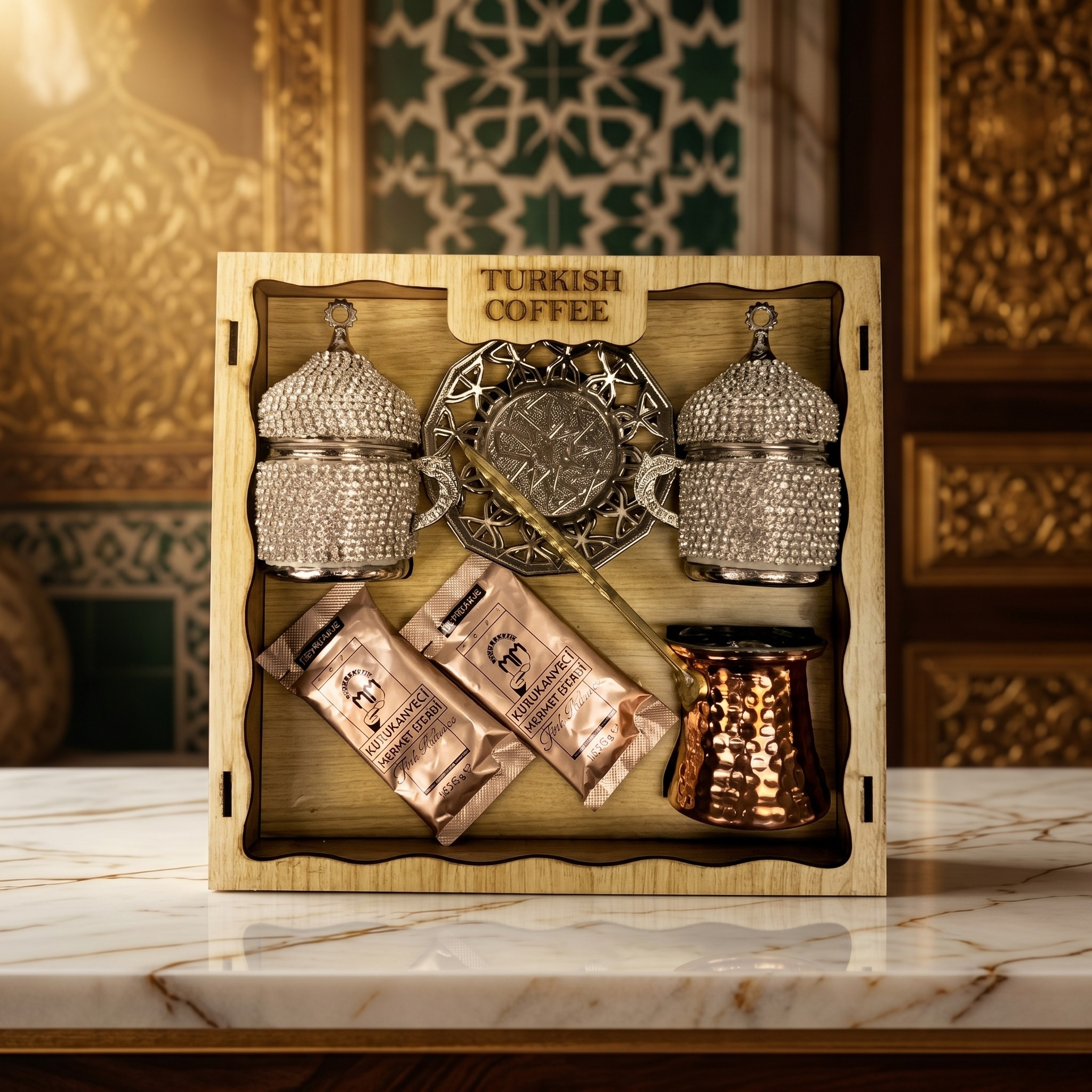 Osmanlı Desenli Lüks Türk Kahvesi Sunum Seti – Cezveli & Taş İşlemeli Özel Hediye Seti ☕✨