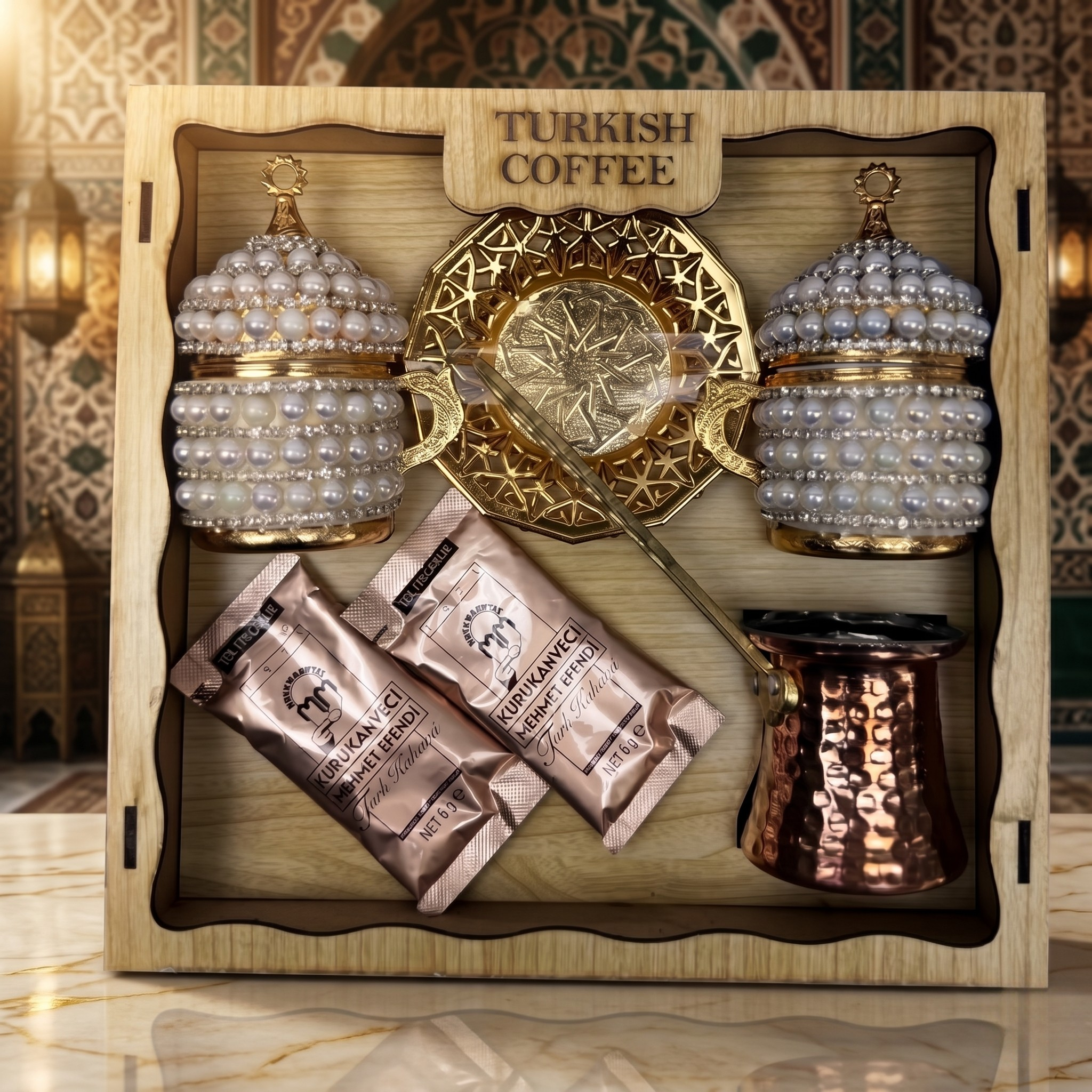 Osmanlı Desenli Lüks Türk Kahvesi Sunum Seti – Cezveli & Taş İşlemeli Özel Hediye Seti ☕✨