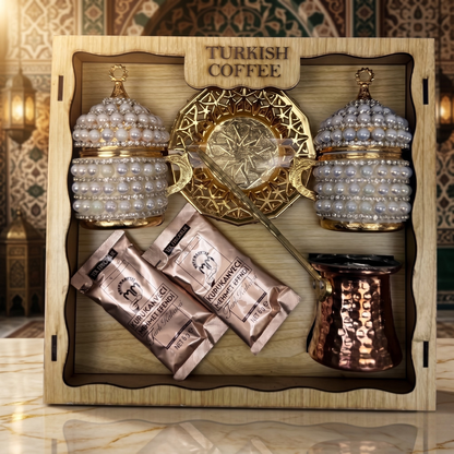 Osmanlı Desenli Lüks Türk Kahvesi Sunum Seti – Cezveli & Taş İşlemeli Özel Hediye Seti ☕✨