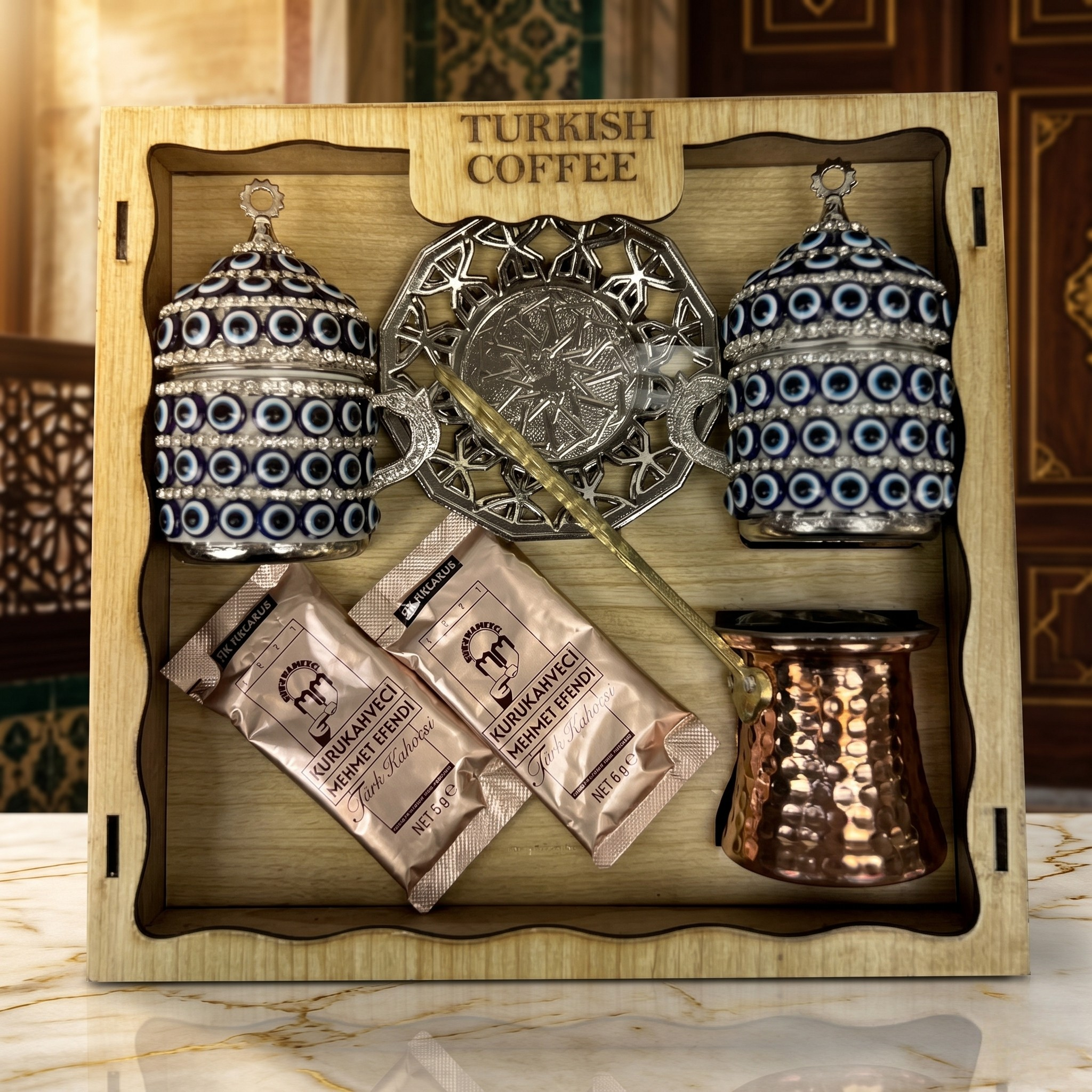 Osmanlı Desenli Lüks Türk Kahvesi Sunum Seti – Cezveli & Taş İşlemeli Özel Hediye Seti ☕✨