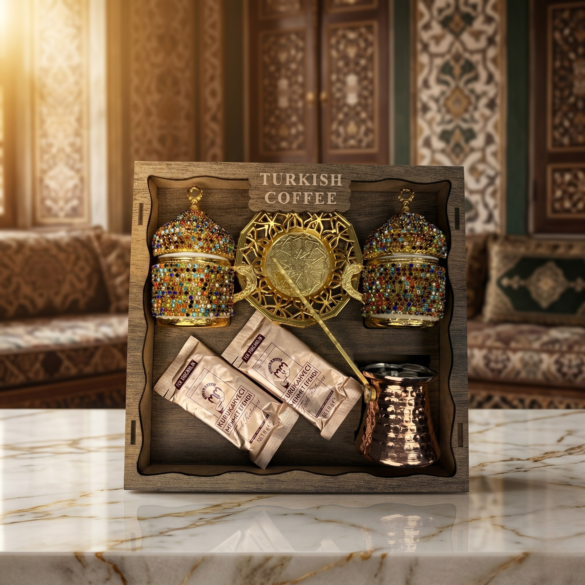 Osmanlı Desenli Lüks Türk Kahvesi Sunum Seti – Cezveli & Taş İşlemeli Özel Hediye Seti ☕✨