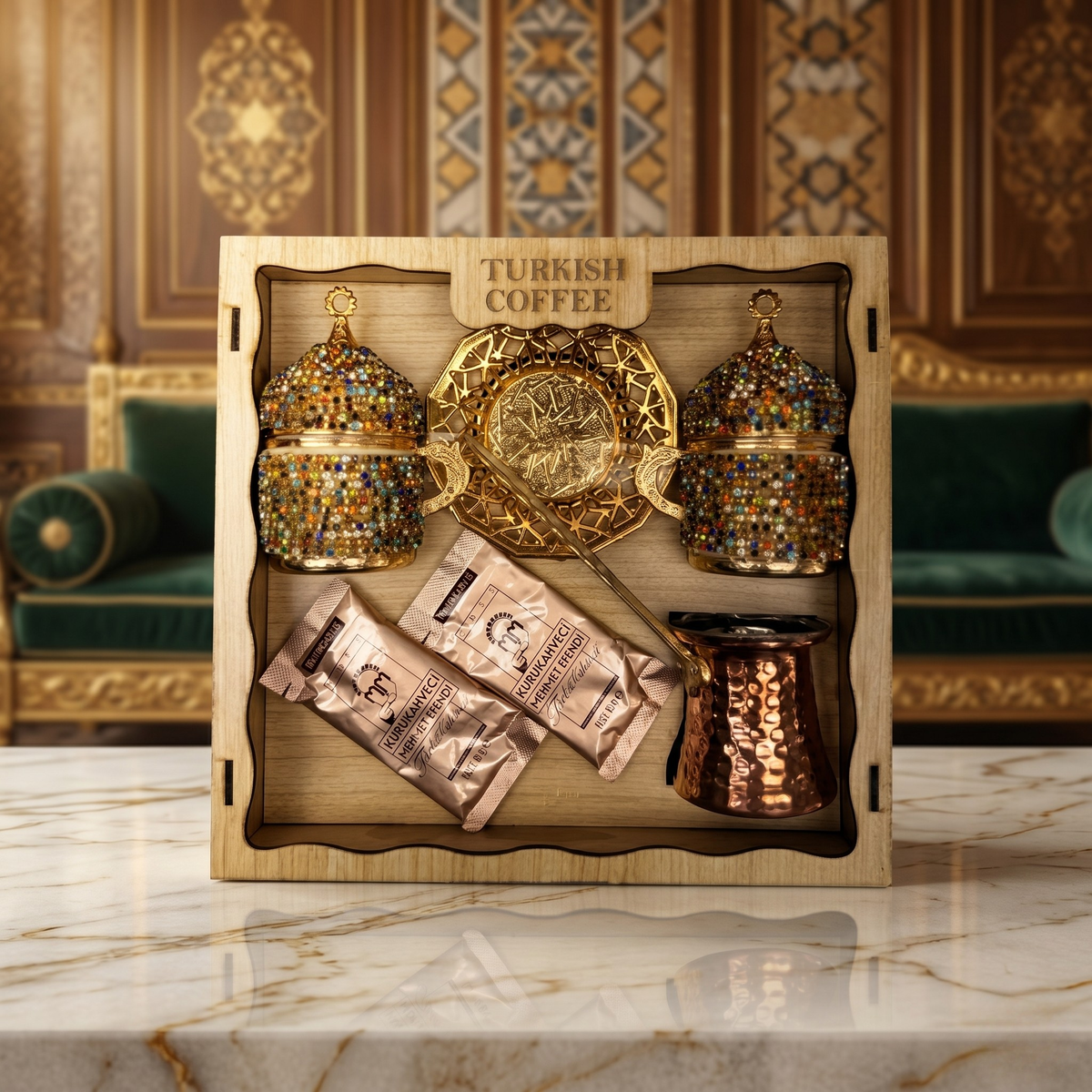 Osmanlı Desenli Lüks Türk Kahvesi Sunum Seti – Cezveli & Taş İşlemeli Özel Hediye Seti ☕✨