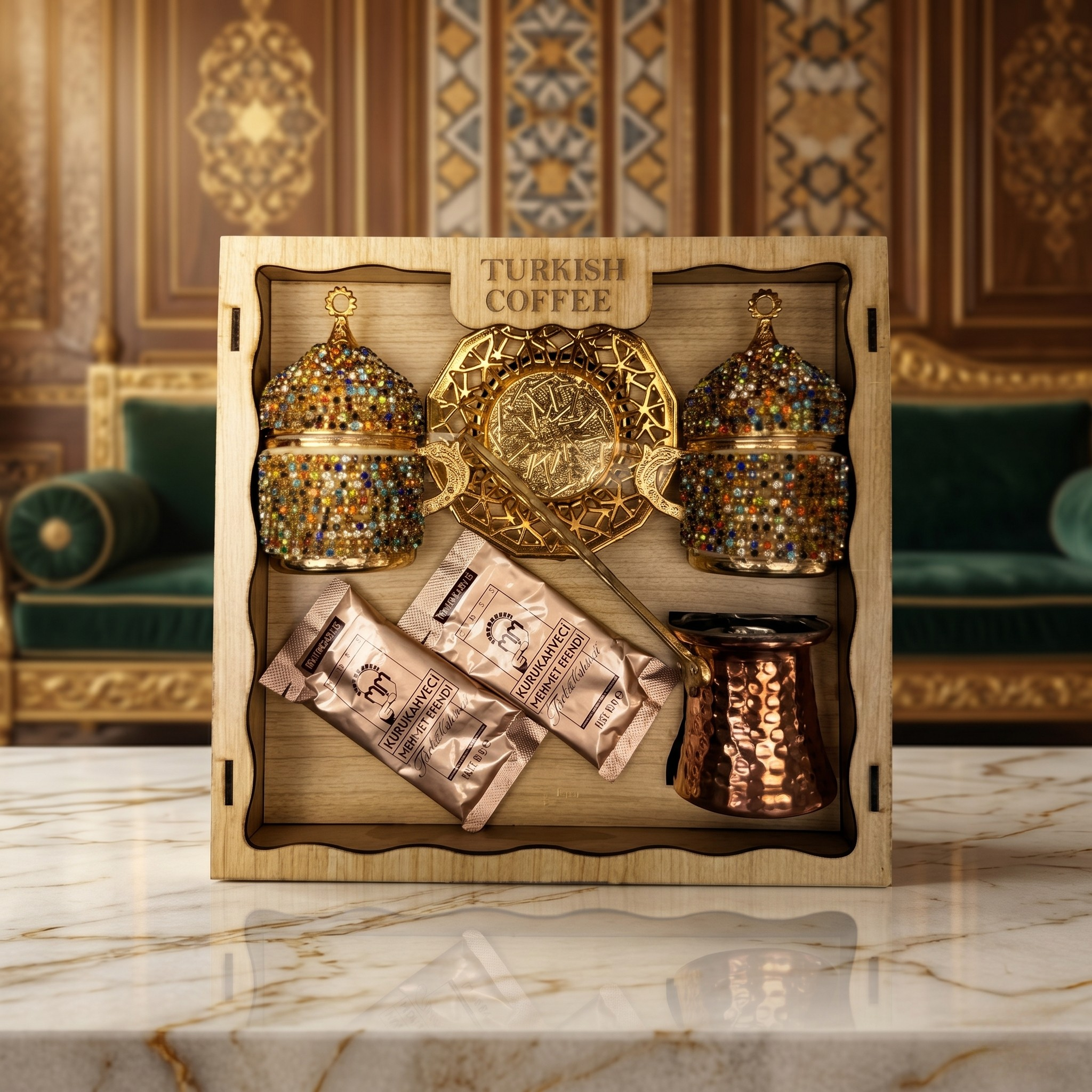 Osmanlı Desenli Lüks Türk Kahvesi Sunum Seti – Cezveli & Taş İşlemeli Özel Hediye Seti ☕✨